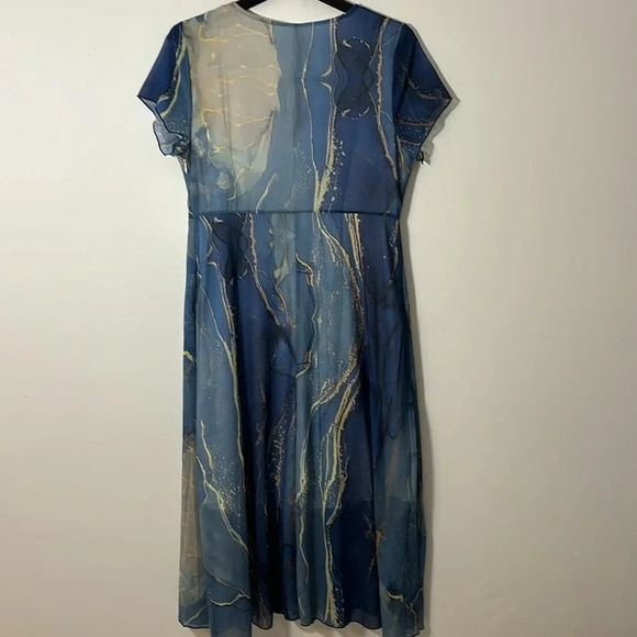 Maxi Long Dress Marble Chiffon Flowy Women Size Large V Neck Short Sleeve NWT - Picture 6 of 10